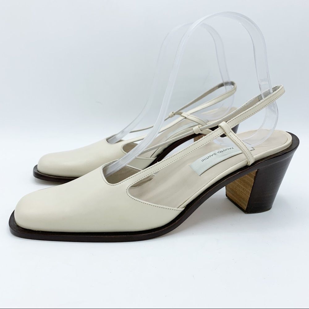 Fausto Santini Cream Square Toe Chunky Stacked Heel Slingback Heel Shoe 8.5/39.5